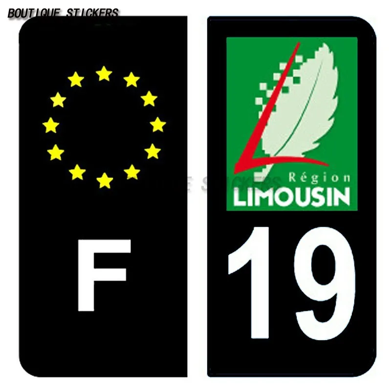 2 license plate stickers with inner area F19-New Aquitaine license plate style, 19th department, black/blue waterproof PVC decal