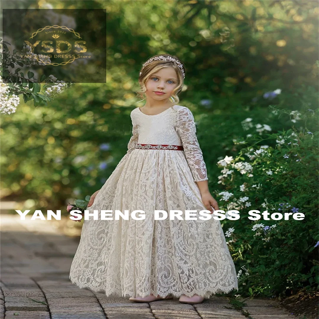 

Lovely Ball Dresses White Elegant Flower Girl Dress Rustic Lace wedding Children Birthday Gift First Communion Gowns