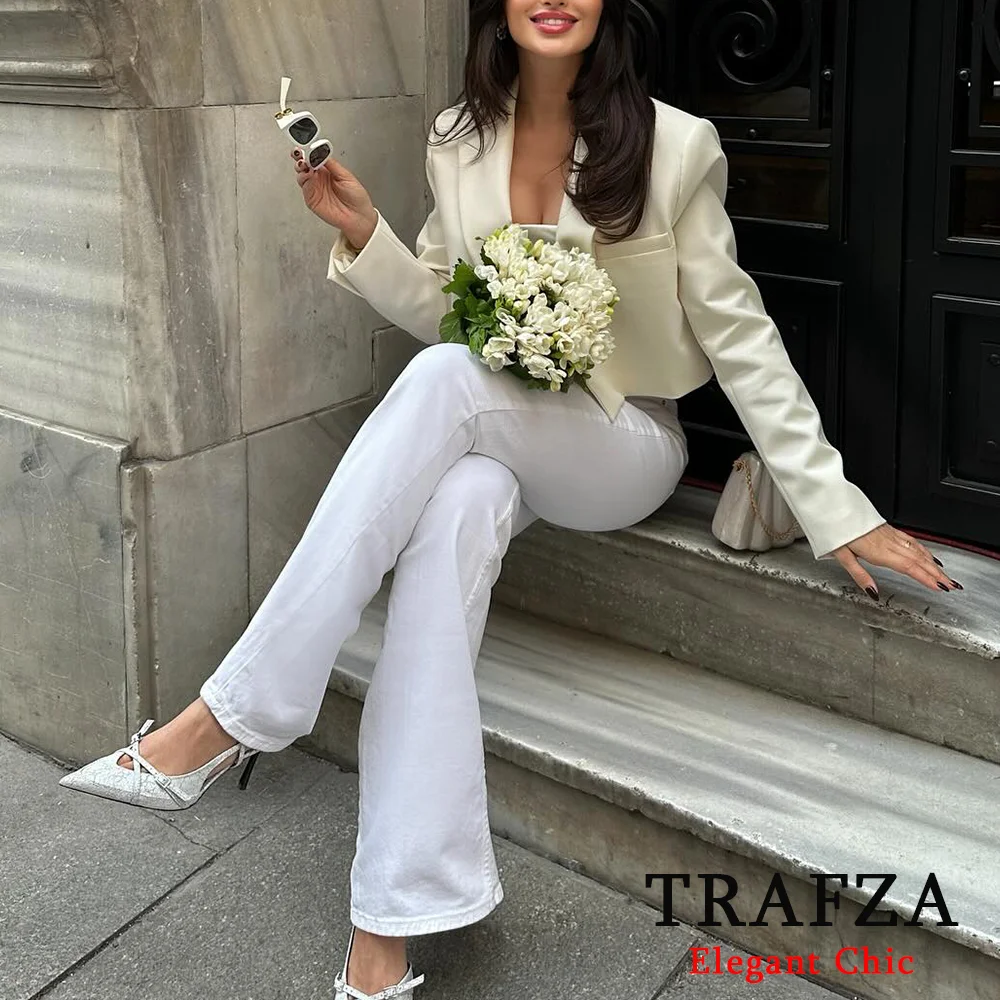 TRAFZA 2024 Spring Autumn New Women's Casual Versatile Luxury Fit Solid Color Buckle Free Long sleeved Short Suit Coat