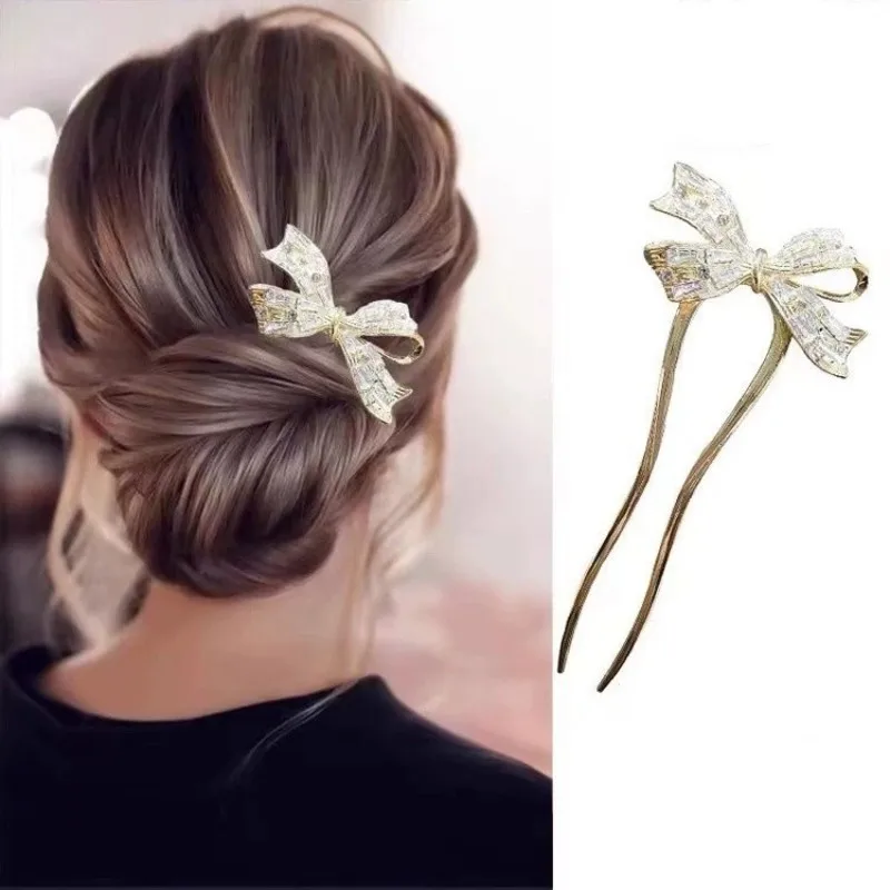 1PC ใหม่ผีเสื้อโบว์ Golden Zircon U-รูป Hairpin สําหรับผู้หญิง,ด้านหลังหัว,จาน Hairpin,ทุกวันโมเดิร์นอุปกรณ์เสริมผม