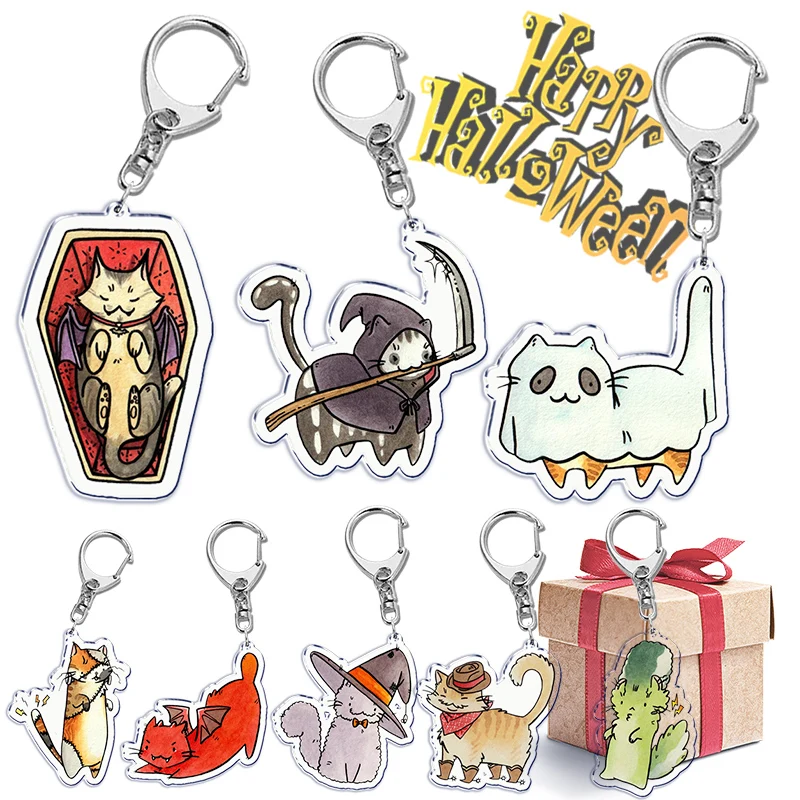 Halloween Cute Spooky Cat Funny Keychains Ring for Accessories Animal Witch Bag Pendant Key Chain Jewelry Fans Gifts