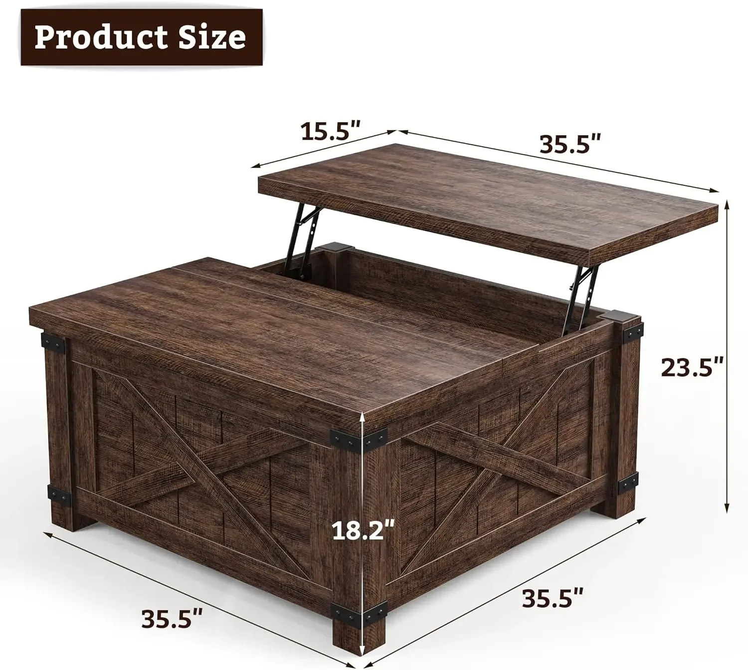 Mesa de centro de fazenda com armazenamento, mesa central de madeira com tampas articuladas, mesas de centro com tampo de elevação articulado, marrom