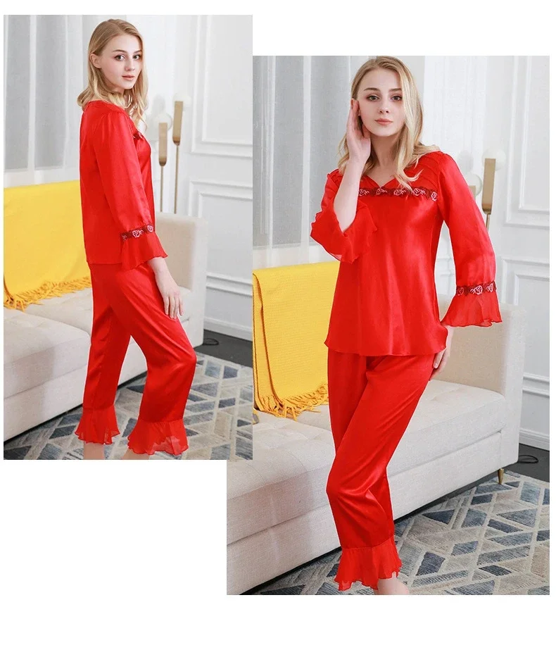 

Комплект женской пижамы из 100% шелка тутового шелкопряда с V-образным вырезом и рюшами, с длинными рукавами и брюками, вышитая кружевная отделка, для дома и сна