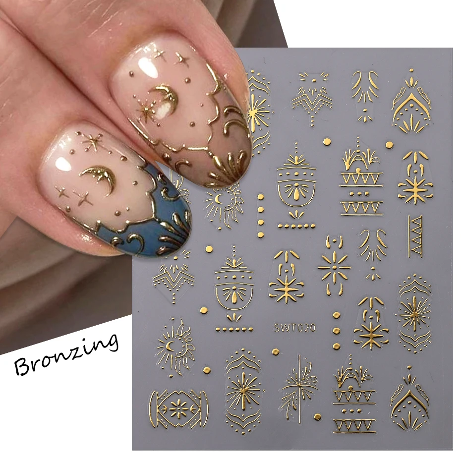 Bronzing Filigree Metal Nail Stickers Holographic Silver Totem Moon Star Sun Chrome Adhesive Sliders DIY Manicure Decor Supplies