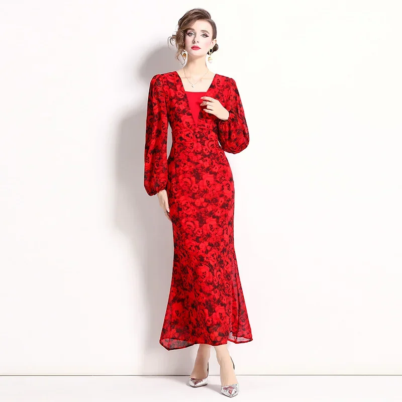 New Luxury High-end Fashion Floral Elegant Autumn and Winter Dress for Women Vestidos De Mujer