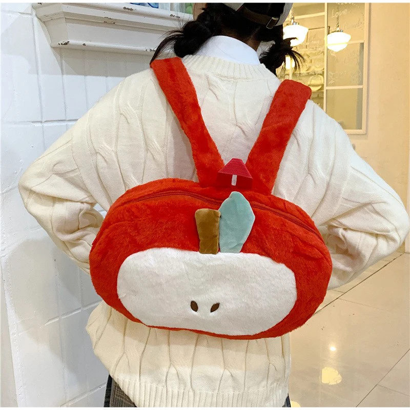 Rucksack und Umhängetasche, süße, niedliche, apfelförmige, leichte Kawaii-Handtasche aus Plüsch für Damen, Schultasche für Mädchen, Tagesrucksack – Detail 11