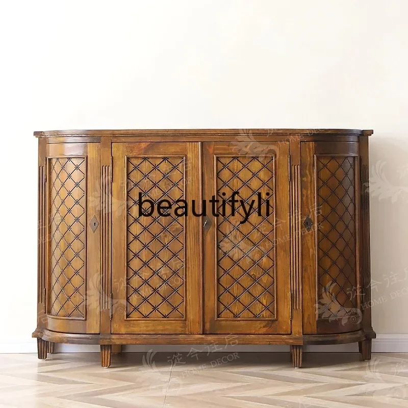 

New arrive American retro new Chinese entrance dining side cabinet rhombus pattern solid wood living room side cabinet display