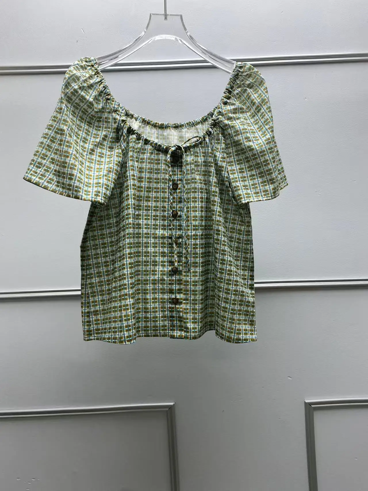 

2025 Sezanes Shirt Summer French New Vintage Simple Fashion Check Printed Tie Round Neck Loose Bubble Sleeve Short Sleeve Shirt