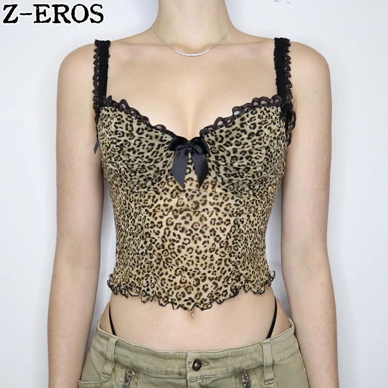 

Z-EROS Retro Leopard Pattern Strap Top Sexy Bow Lace Inner Layup Sexy Party Dress Wooden Ear Edge V-neck Open Back Tank Top