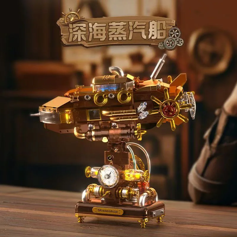 

Idea Cyber Game Movie Deep-sea Steamship Vehicle Building Brick Steam Punk Ship Construction Block Model Sets Toy With Light