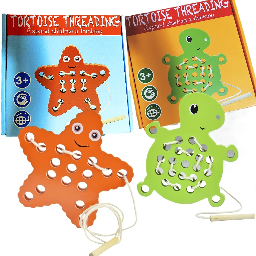 2Set Montessori Wooden Lacing Threading Toys for Toddlers, 1 Turtle 1 Starfish Infant Travel Toys, Wood Puzzle Educational Gifts