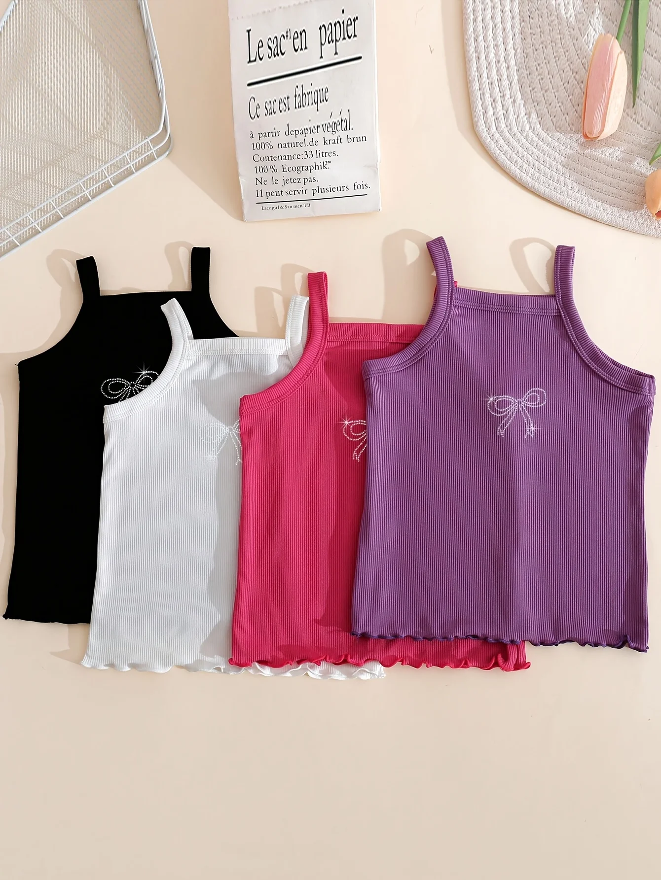 1Pc Girls Ribbed Cami Tank Tops Rhinestone Bow Decor Polyester Sleeveless Vest Summer Casual School Daily Kids Shirts for 2-11Y