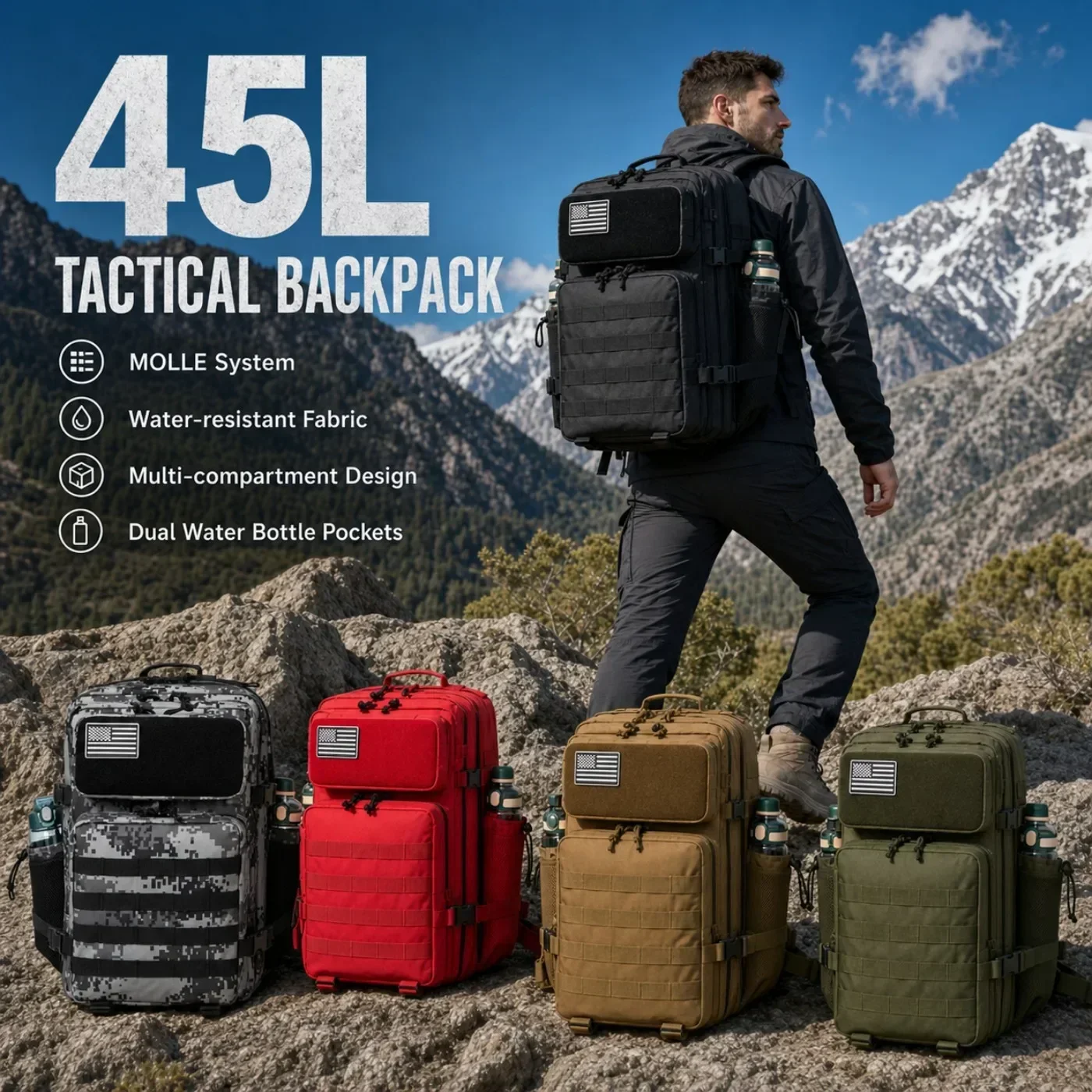 45L Large Capacity Tactical Gym Backpack Sports Backpack with Dual Water Bottle Cup Holders Outdoor Camping Fitness Gear Storage Backpack for Workout Training Hiking Trekking Travel Sports EDC Daily Carry Fitness Enthusiast Backpack Bag