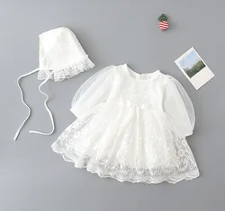 1st Birthday Party Dresses For Girl Newborn Autumn White Lace Princess Baby Baptism Dress With Hat Infant Christening Ball Gowns