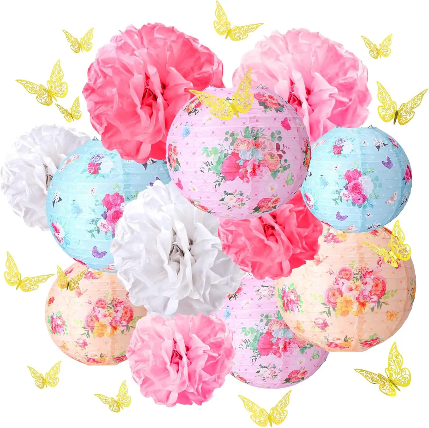 

31 Pcs Tea Party Decorations: Flower Lanterns, Tissue Pom Poms & Butterfly Thread for Spring Garden Birthday Bridal Shower