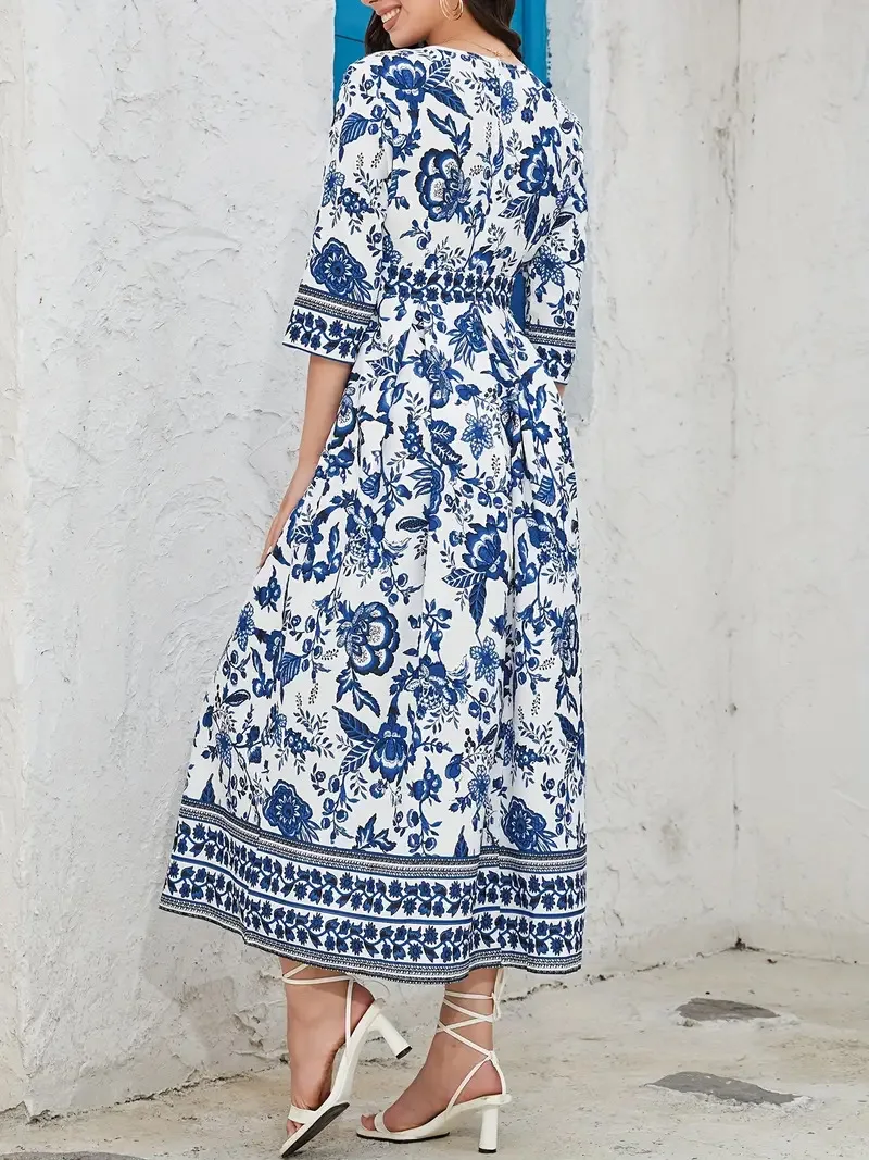 QX Shirt Dames 2025, V-hals, polyester, lange rok, Basic, elegante damesjurk in vakantiestijl