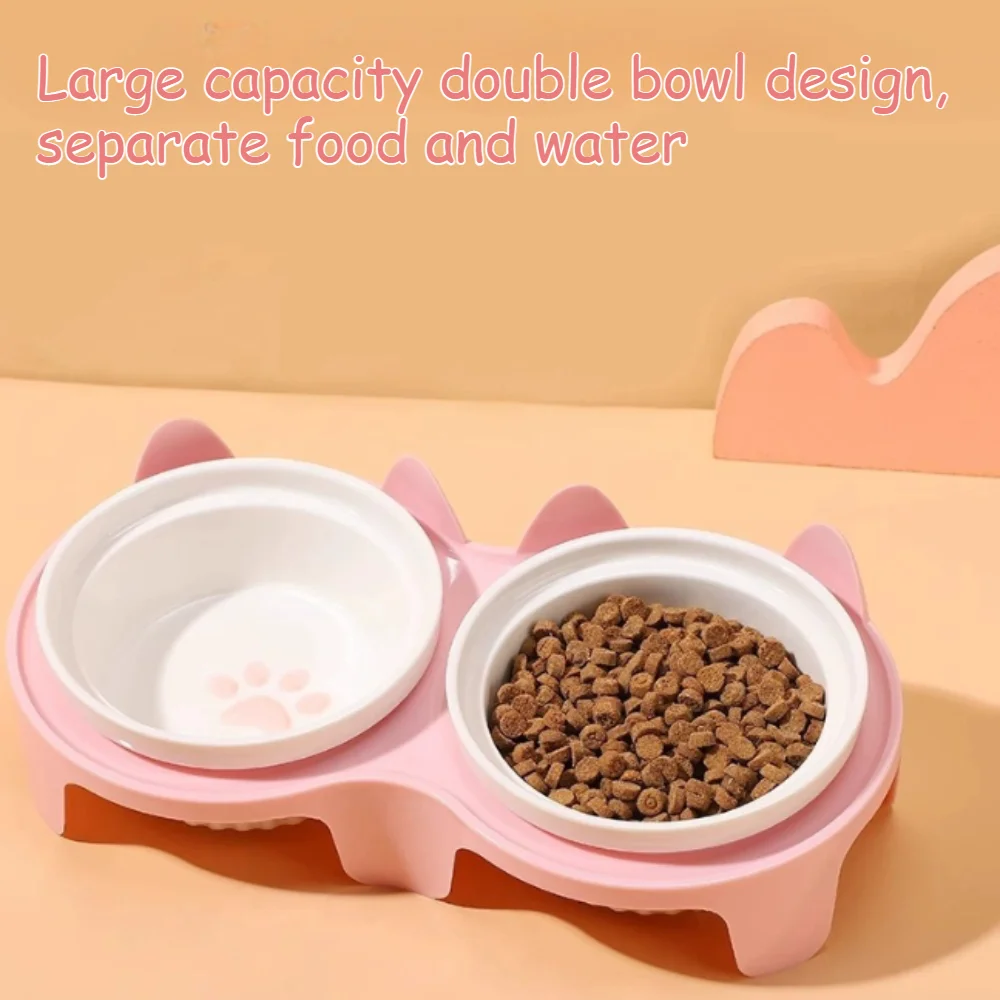 Ceramic Tilt Pet Bowl Neck Protective Double Bowl Separate Food Water Anti-tip Feeding Bowl For Kitten Cats Small Puppy Dogs