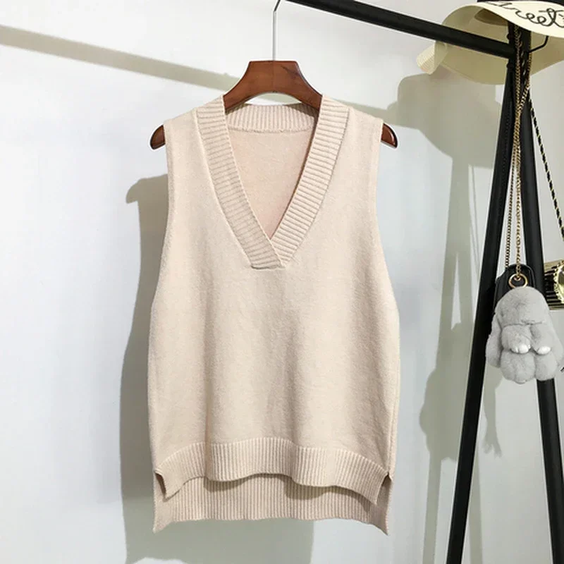 2024 Fashion New Sleeveless Loose Solid Color Women Vest Sweater V-neck Knitted Pullover Top Casual Elegant Knitwear