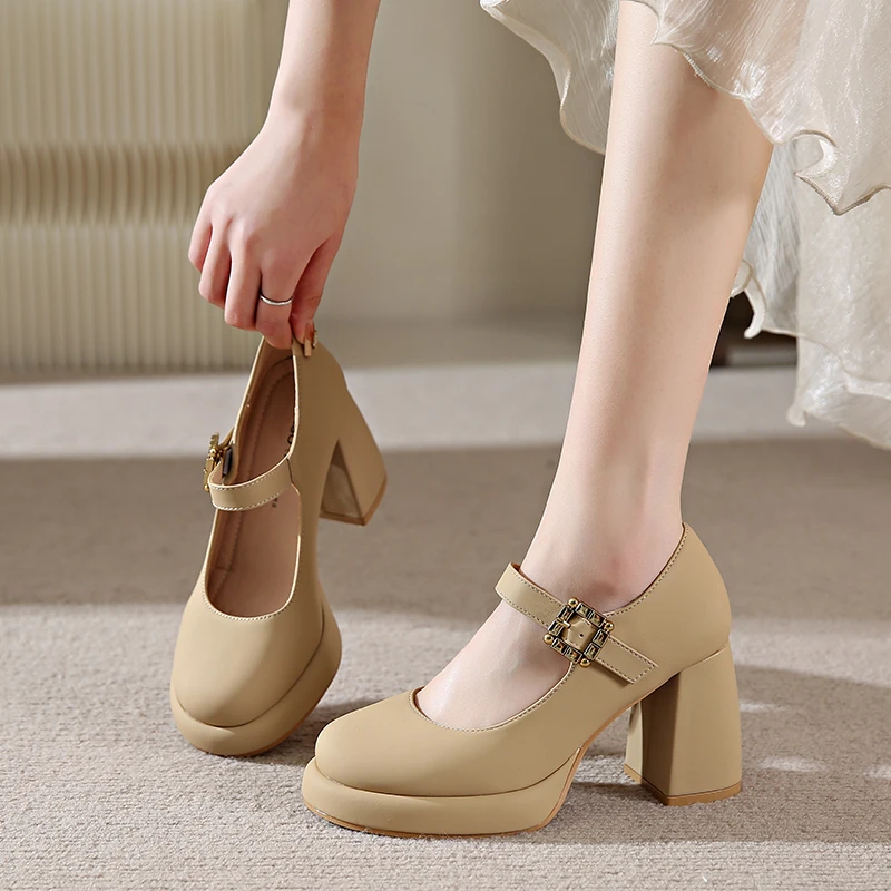 NEW Thick Heels Mary Jane Shoes Women Buckle Strap Square Toe Pumps Woman Leather Shoes Female Fashion Casual Comfort Plus Size