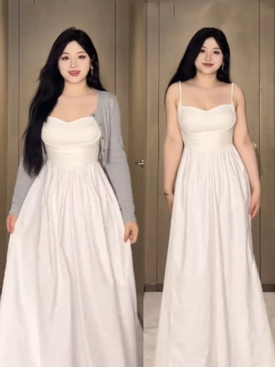 Plus Size Damen Weißes Trägerkleid mit taillierter Cardigan Zweiteiliges Set Sommer-Eleganz A-Linie Lang Dr