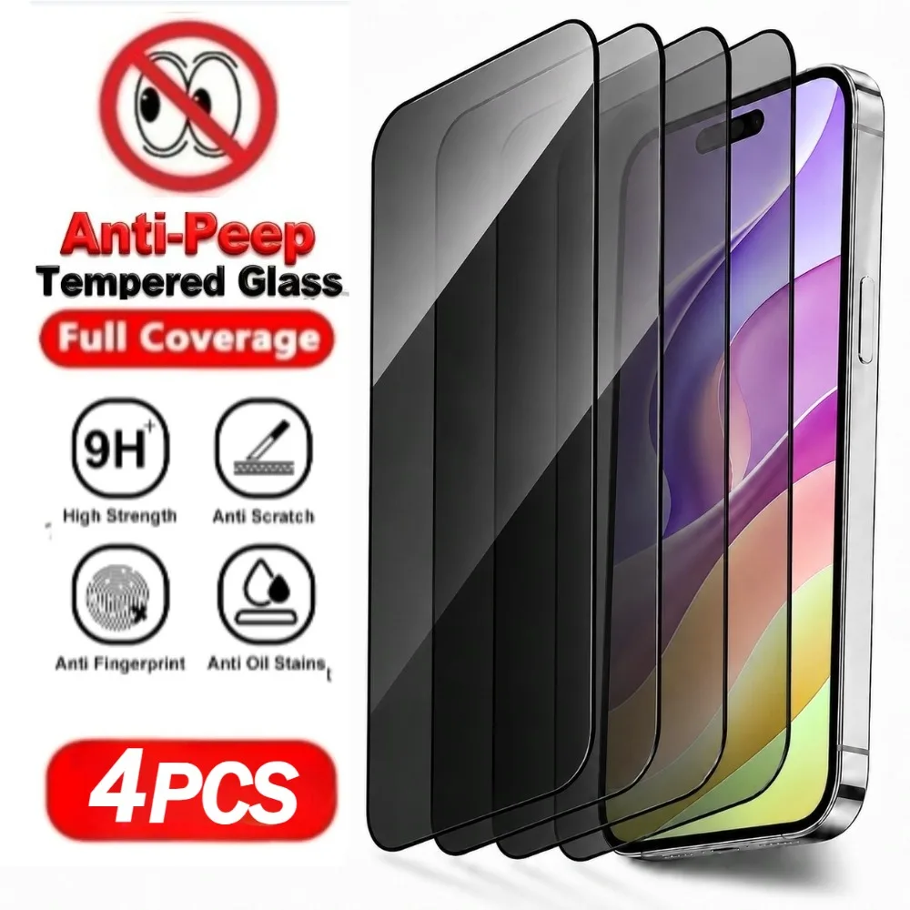 

4Pcs Privacy Full Screen Protector for iPhone 17/16/15/14/Pro Max/17e/16e/Air/13/12/11/Pro/15/14/Plus/9H Hardness Tempered Glass