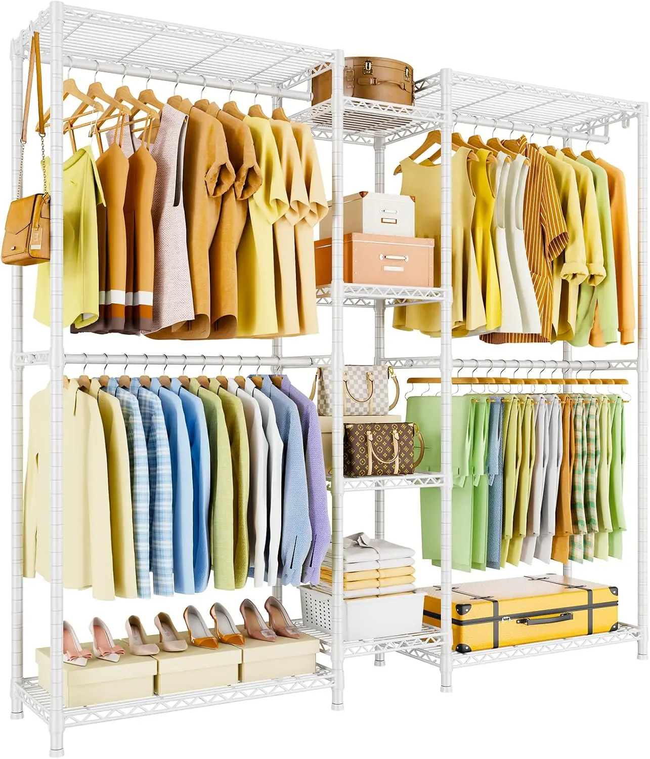 Heavy Duty Garment Rack Metal Freestanding Clothing Storage System Multi Functional Adjustable L Shaped Wardrobe Rack With Wire Shelves Hanging Rods Large Capacity Organizer Closet Storage White