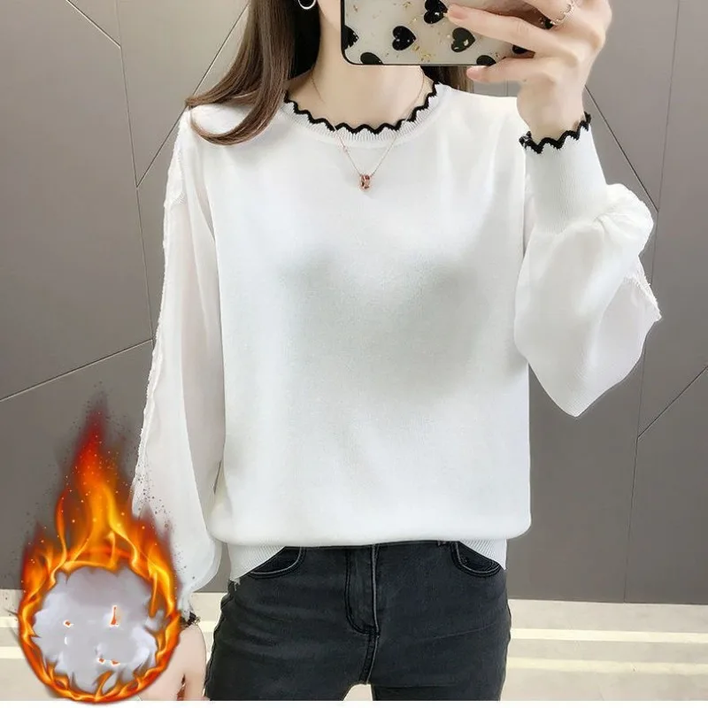 Autumn and Winter Women's Pullover Round Neck Solid Wave Cut Mesh Embroidery Lantern Long Sleeve Sweater Knit Casual Tee Tops