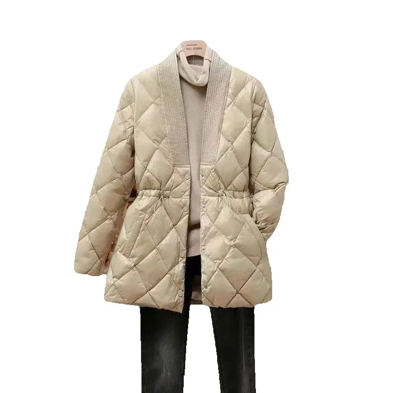 

2025 Autumn Winter New Mid-Long Cotton Jacket Women Fashion Loose Casual V-Neck Cotton coat Black Thin Outerwear Female