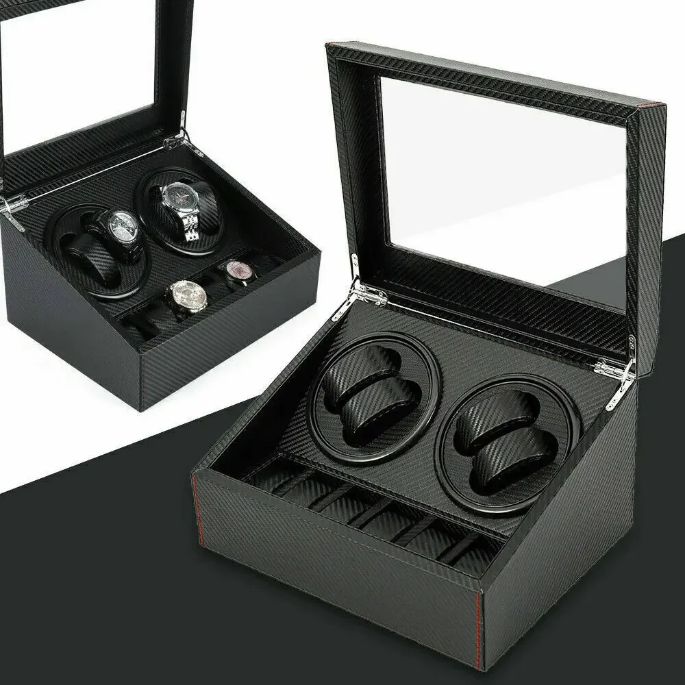 Watch Winder Box with Silent Bidirectional Motor & Carbon Fiber PU Leather, 4 Rotating +6 Storage Compartments for Men/Women