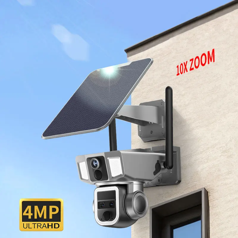 4G WIFI three eye solar camera with 10x zoom and 4MP gun ball waterproof sound and light alarm monitoring camera