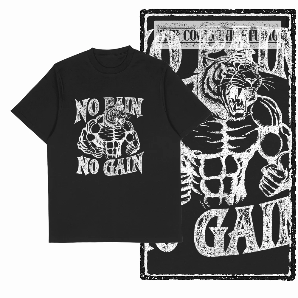Coolmind Z1063 100% Cotton No Pain No Gain Tiger Exclusive Graphic Men T Shirt Cotton Men T Shirt for Men Tee Shirt