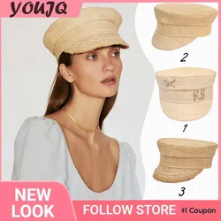 Brand Summer Raffia Straw Hats for Women Beret Letter Military Hat Causal Travel Flat Top Sailor Cap Large Headband Small Caps