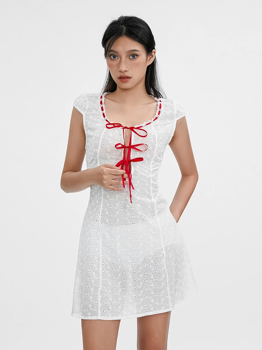 Women Summer Casual Sweet Dress Lace Tie-Up 1/4 Sleeve Fashion Dress Beach Holiday Party Club Mini Dress