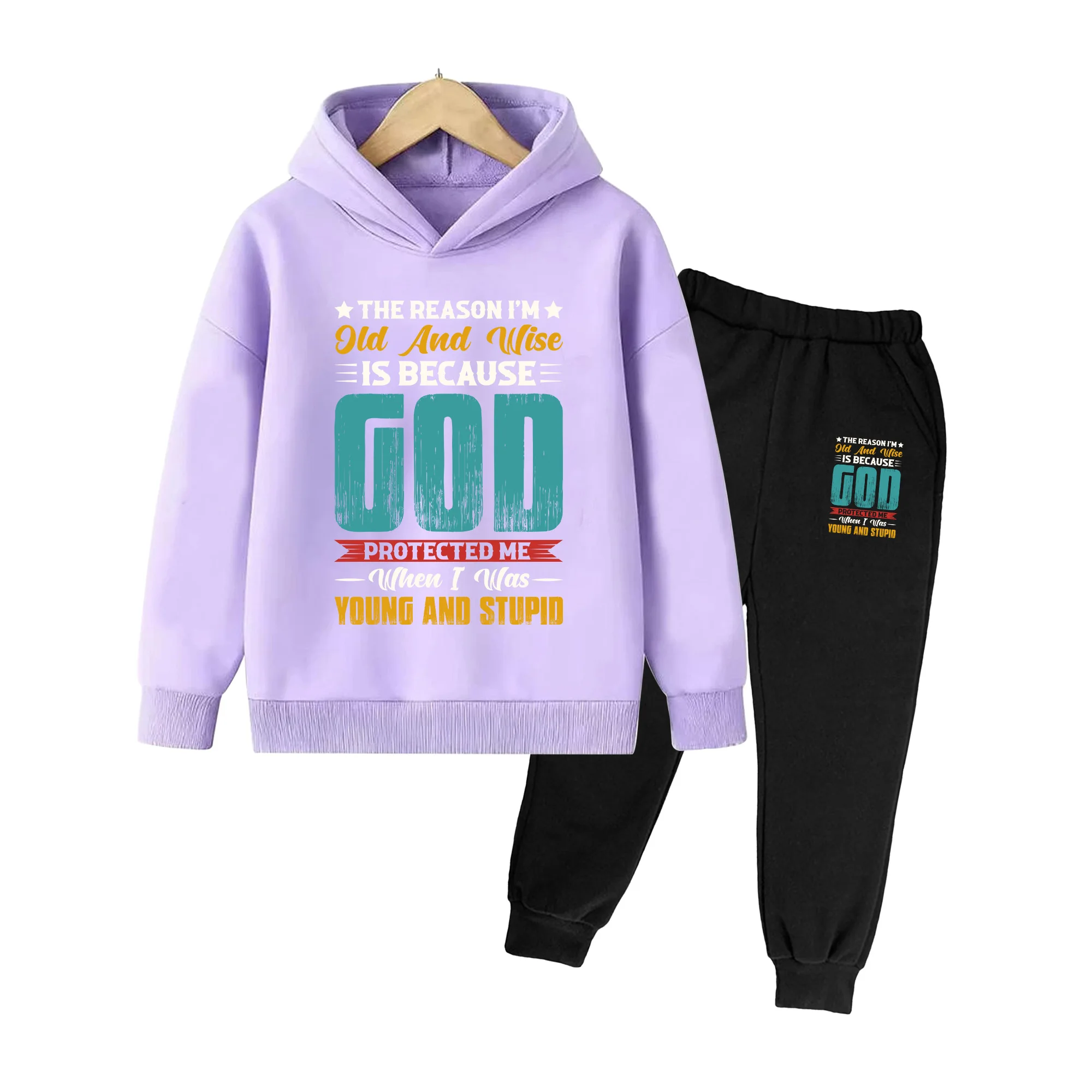 Kids Hoodie & Sweatpants Set, God Protected Me Print Casual Outfit for Boys Girls Daily Wear