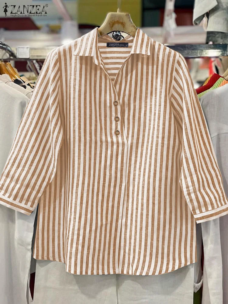 2025 ZANZEA 秋オフィスストライプシャツファッション女性ブラウスラペルネック 3/4 袖 Blusas カジュアルボタントップスルーズシュミーズ