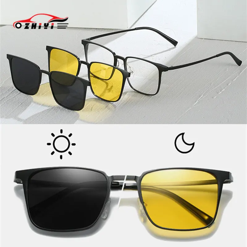 Men's Sunglasses Magnetic Clip on Glasses Frame 2x Lens Day and Night Driving Glasses Polarized Night Vision Goggles Male