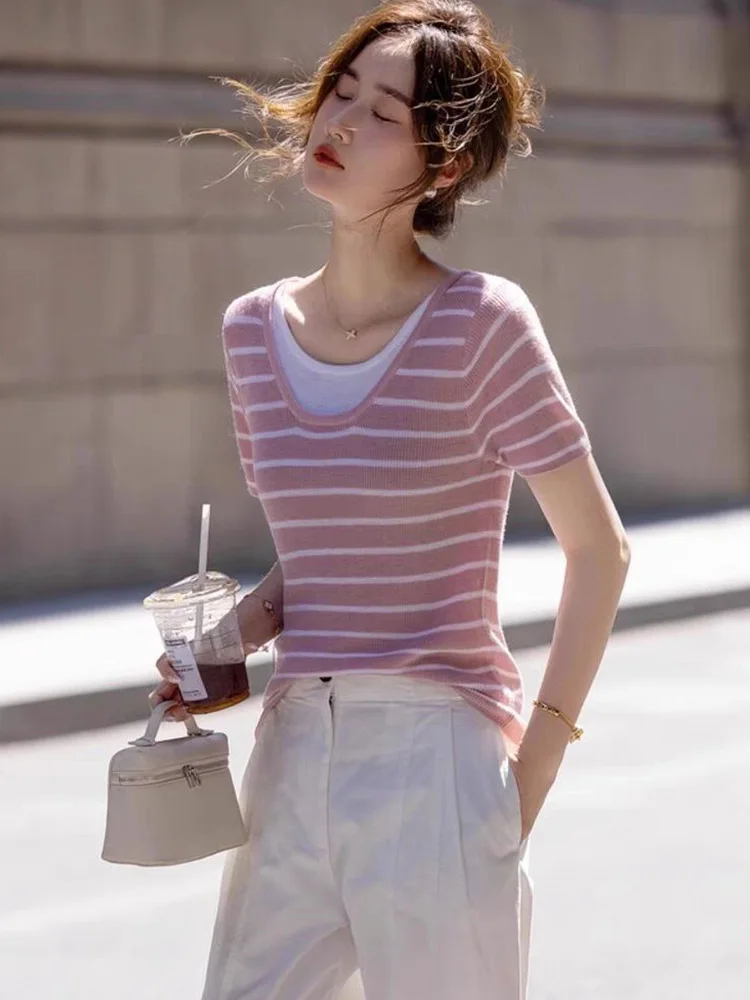 Faionable مخطط اللون Blo ort Sve محبوك أعلى المرأة فرقة نظرة الصيف لباس غير رسمي Sli الكورية Sle سليم صالح #4