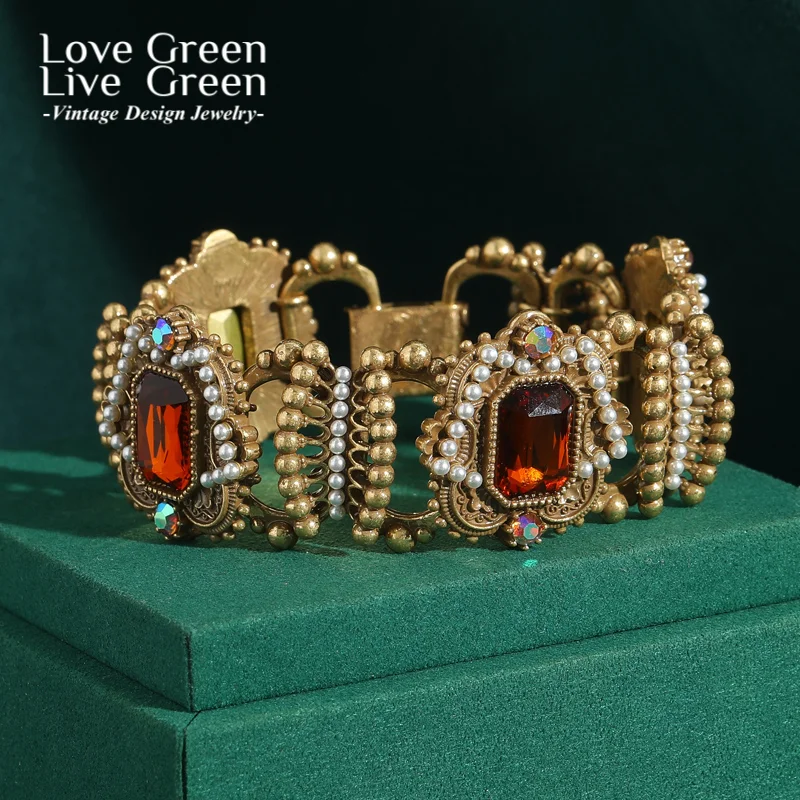

Vintage Luxury Woman Bracelet Bangles With Designer Charms Pearl Crown Rhinestone Jewelry Antique Gold Color Gifts Ramadan 2025