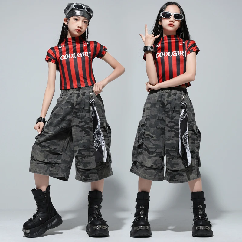 Kind Hip Hop Kleidung Set Rot Schwarz Streifen T-shirt Tops Camouflage Shorts Kind Street Dance Kostüm Mädchen Jazz Modern Dance Anzug