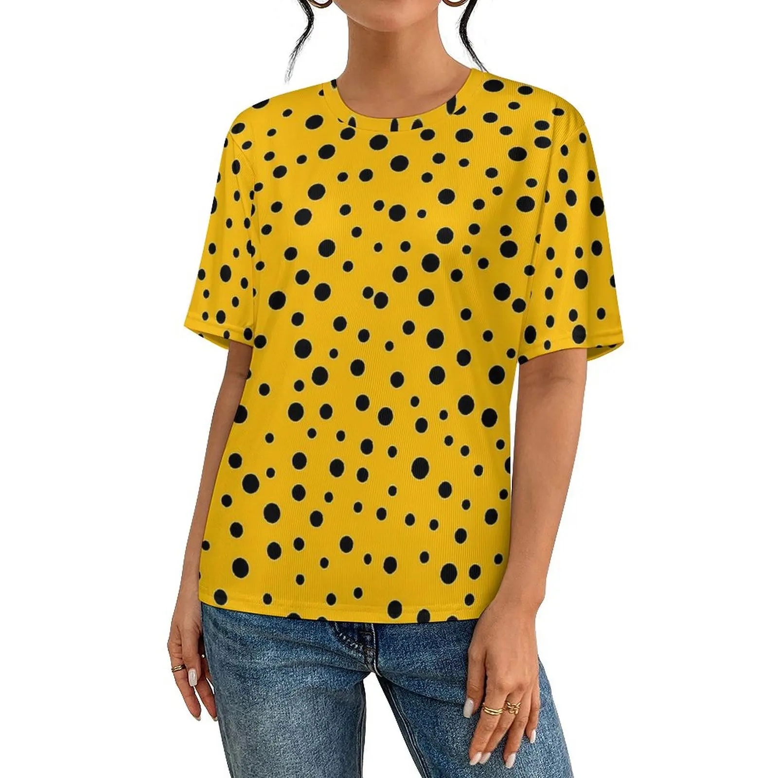 Yellow And Black Polka Dots T Shirt For Man Design O Neck T-Shirts Beach Tops Short Sleeve Streetwear Plus Size Tee Shirt Gift