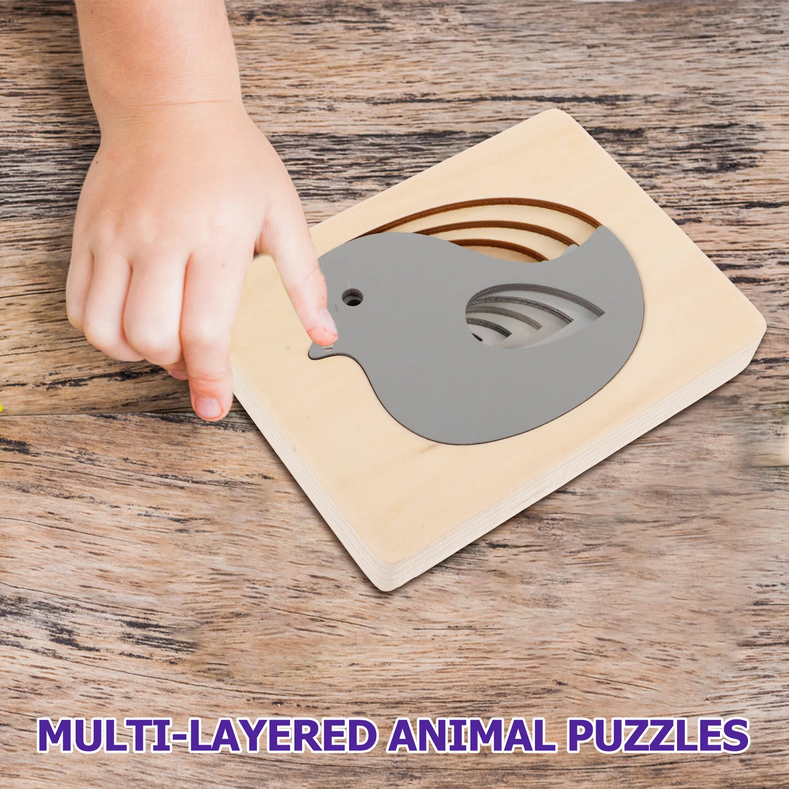 Wooden Multi-layered Animal Puzzles Cartoon 3D Panel Jigsaw Early Educational Toys for Kids Children (Grey Gradient Bird)