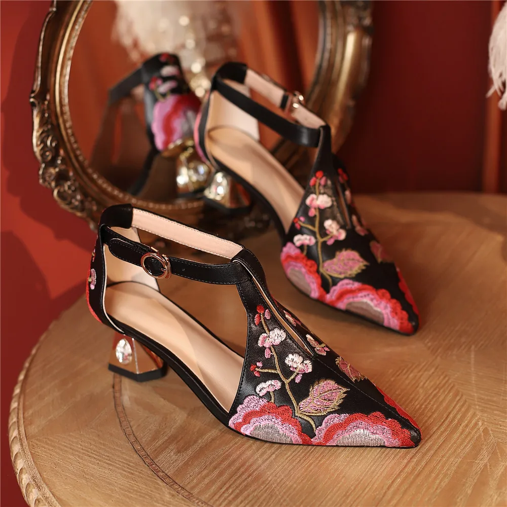 MILI-MIYA Fashion Embroidery Flower Women Cow Leather Pumps Pointed Toe Buckle Strap Thick Heels Plus Size 34-43 Handmade