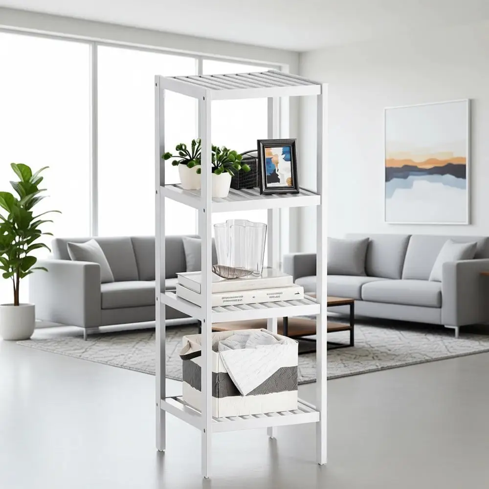 

4-Tier Bamboo Shelving Unit, Multifunctional Storage Rack for Living Room, Bedroom, Kitchen (White)