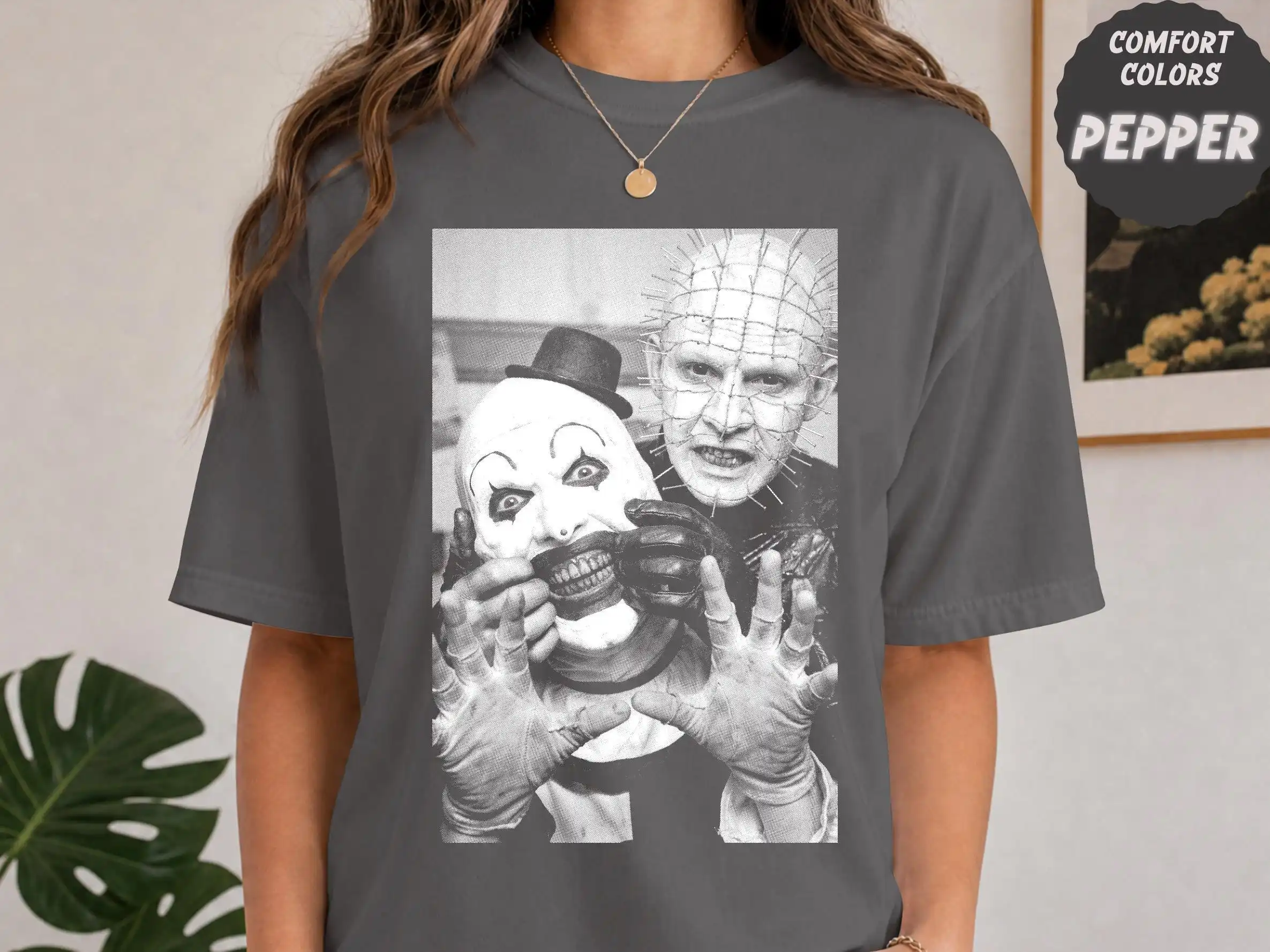 Art The Clown & Pinhead Extreme Close‑Up Photoshoot T‑Shirt | Grabbing Face Tee | Scary Movie Graphic