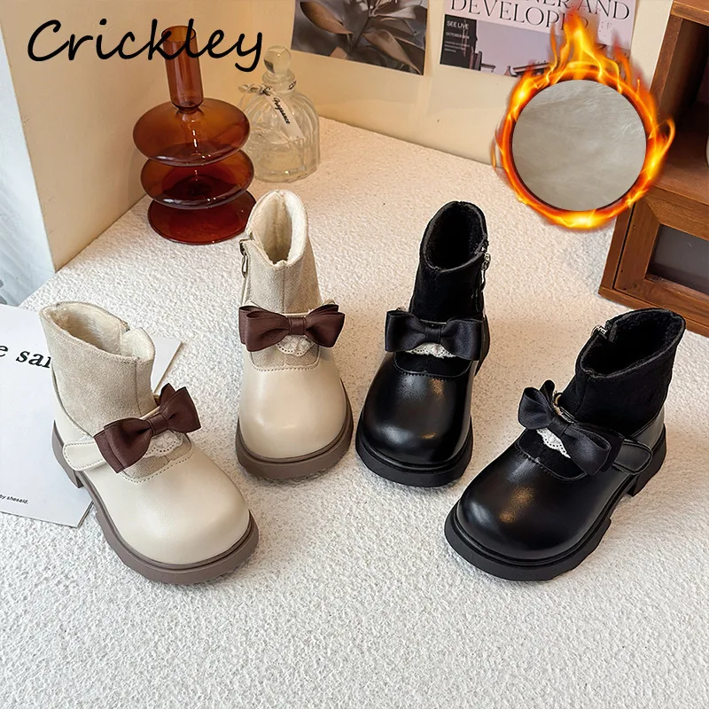 

Bow PU Patchwork Kids Princess Boots Autumn Winter Solid Zip Girls Fashion Boots Fleece Cotton Warm Children Ankle Shoes
