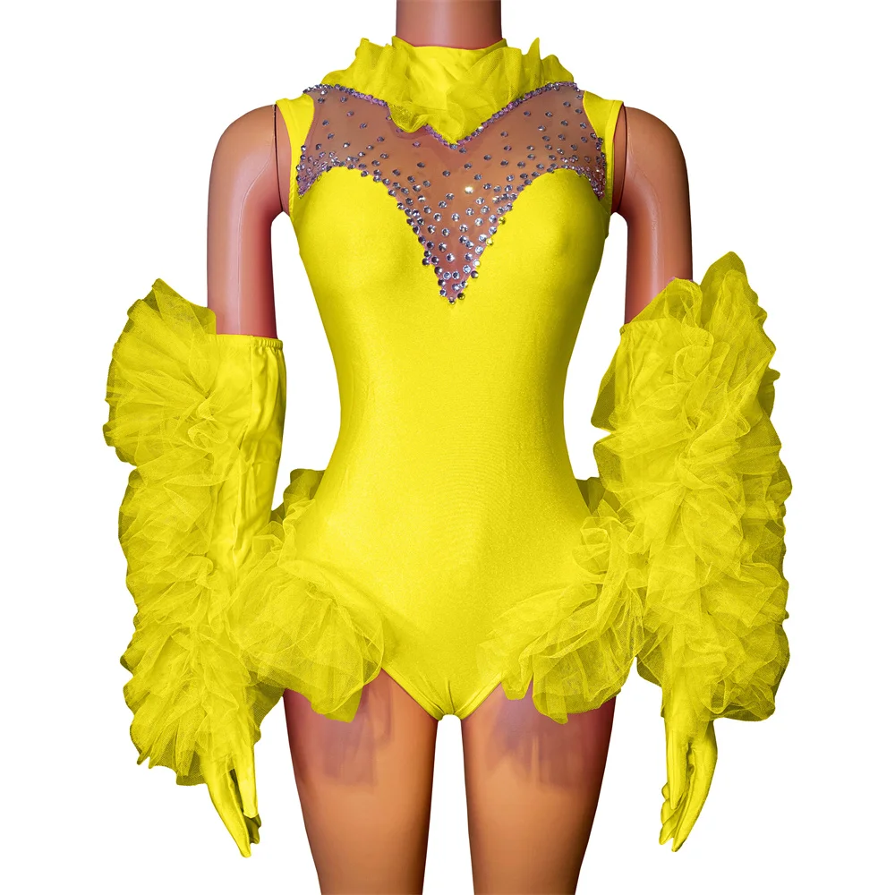 Drag Queen Costume Women Dance Team Sexy Performance Stage Wear Pink Yellow Bodysuit With Long Gloves Carnival Show Rave Outfits