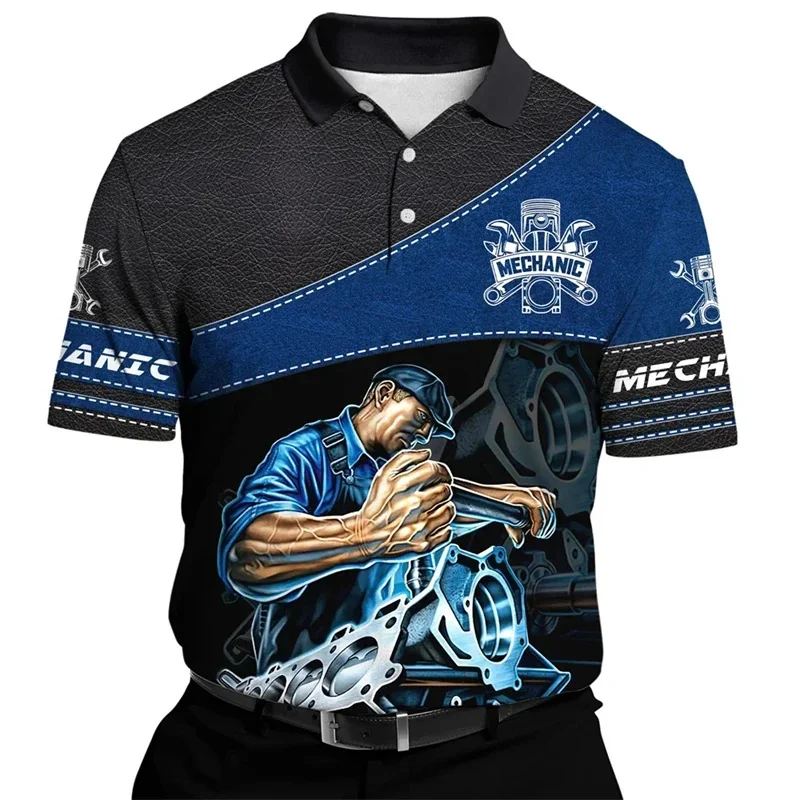 3D Print Mechanical Polo Shirt For Men Engineer Tools Pattern T-Shirt Tops Summer Fashion Casual Loose Lapel Short Sleeve Shirts