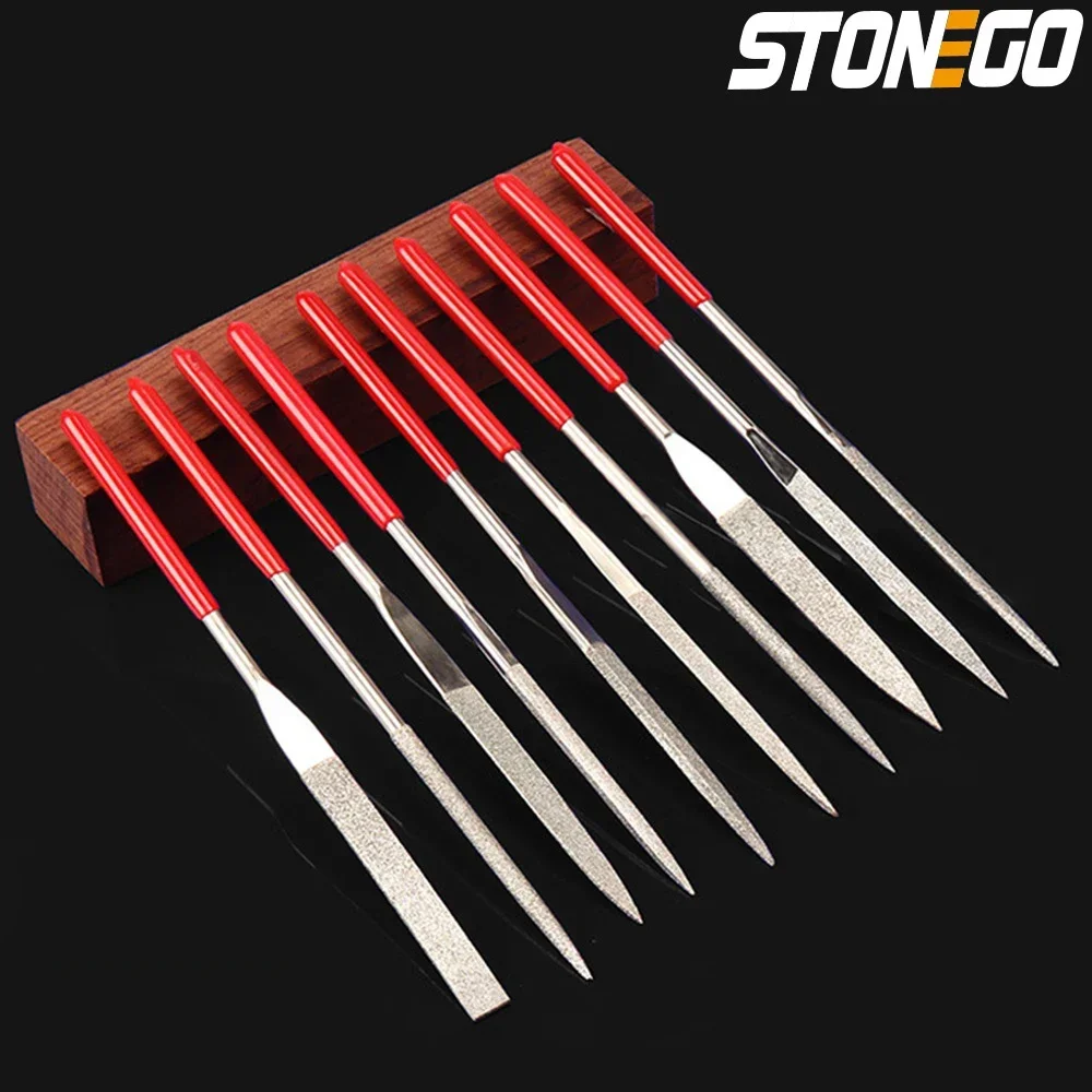 STONEGO 10PCS Mini Needle File Set Diamond Coated Length 140mm Width 3mm for Ceramic Glass Gem Stone Hobbies and Crafts