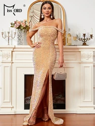 Missord Sparkling Sequin Prom Dress Elegant Women Off Shoulder Slash Neck Thigh Split Evening Party Mermaid Dresses Long Gown