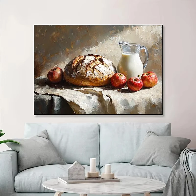 Vintage Kitchen Poster Featuring Fruits Vegetables; Western Country-Style Canvas with Wine, Cake, Sardines, Oysters; Home Decor